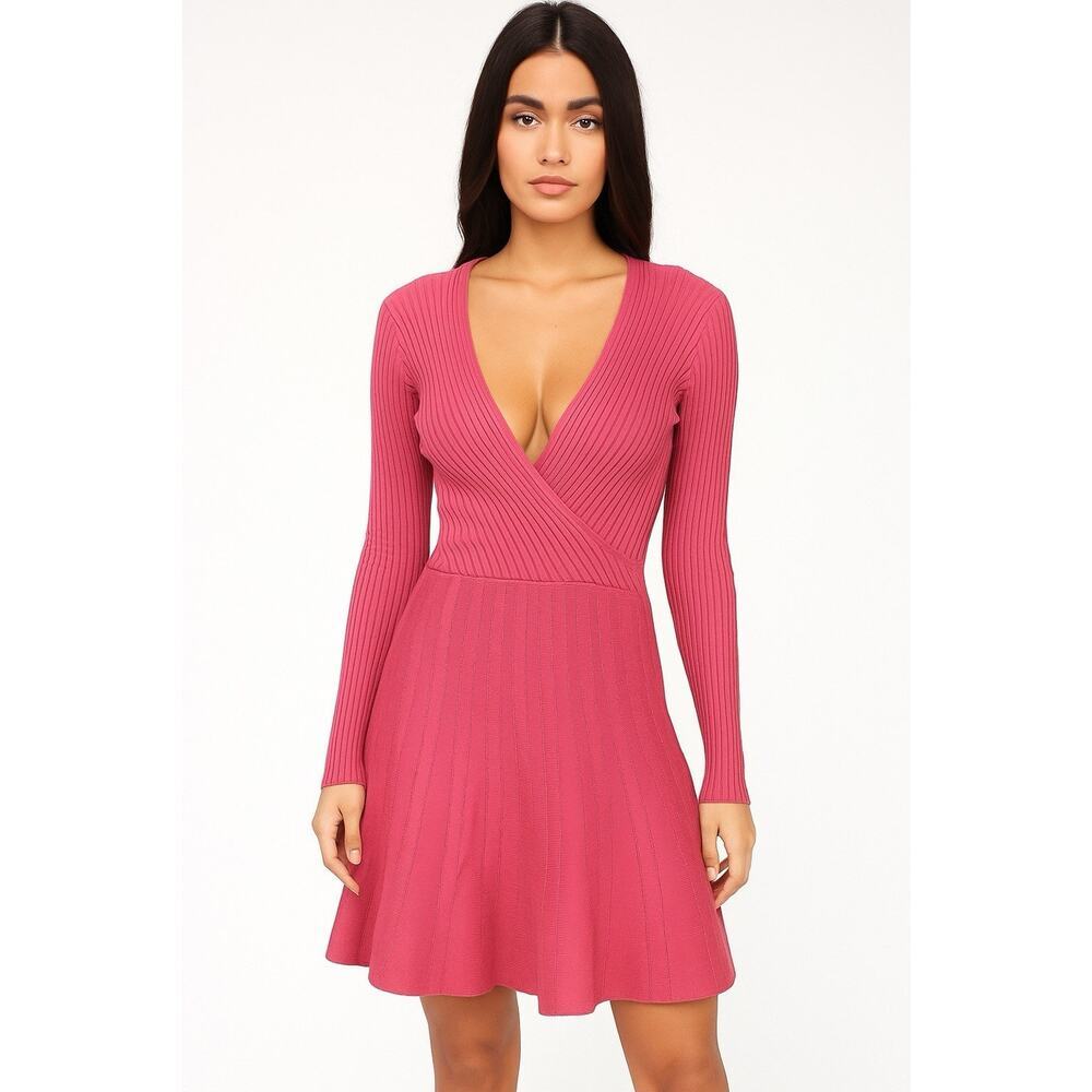 Pink Ribbed Knit Fit & Flare Sweater Dress Long Sleeve Deep V Neck Women’s Sz L